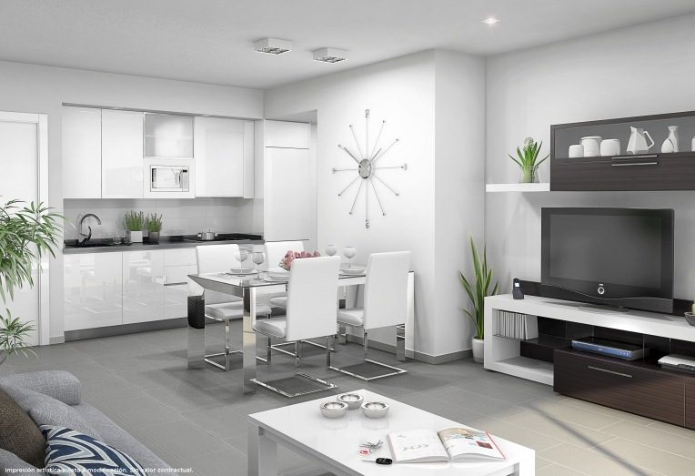 Open plan kitchen living room with modern stylistic features in new build apartment in San Miguel de Salinas